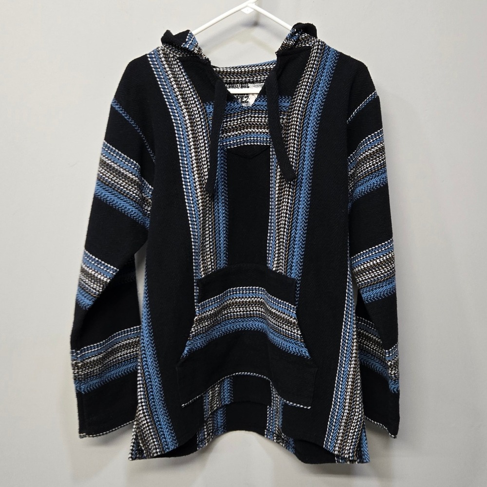 Senor Lopez Baja Hoodie Men Large Black Blue Stripe Hippie Festival Boho Western